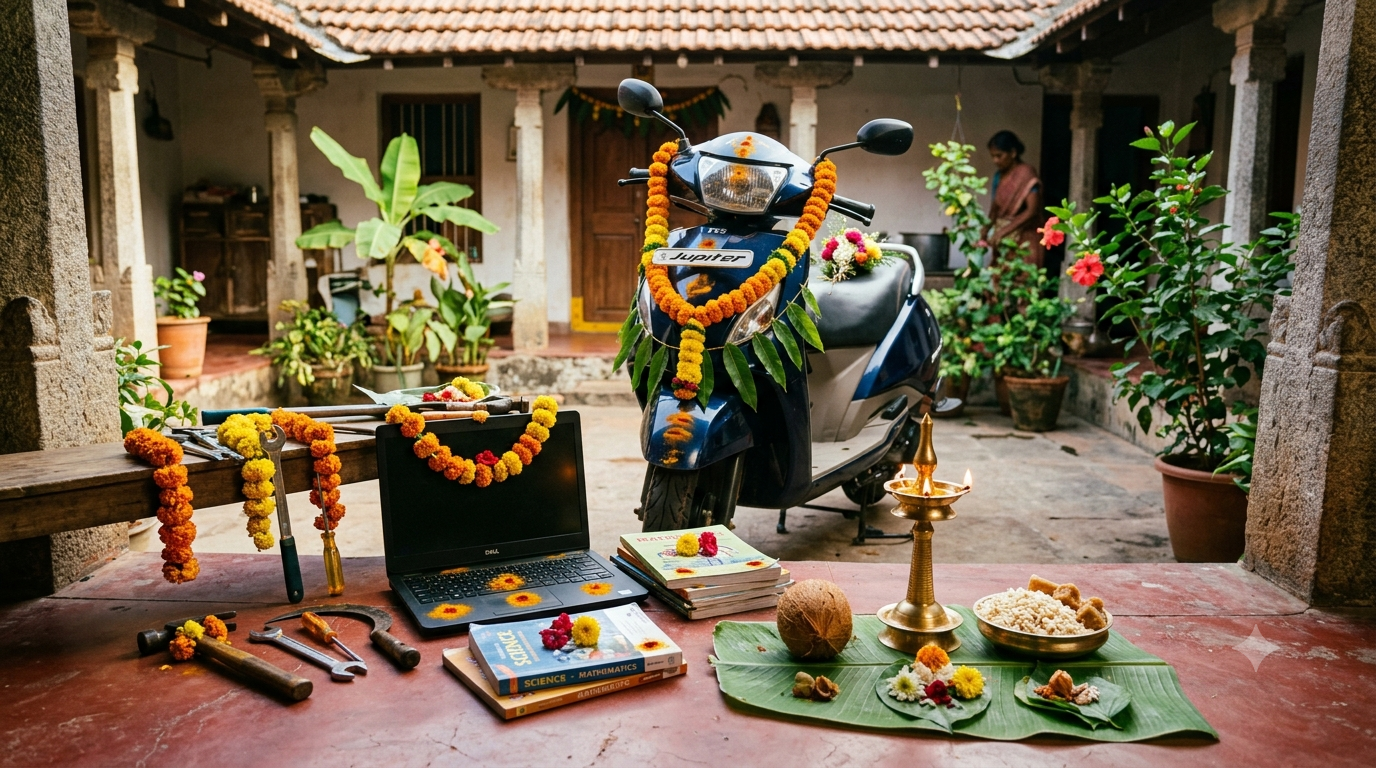 Ayudha Pooja procedure setup with tools and a vehicle garlanded with marigold, mango leaves, and a brass lamp