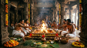 Chandi Homam procedure — priests offering into the sacred homa fire at a Durga temple