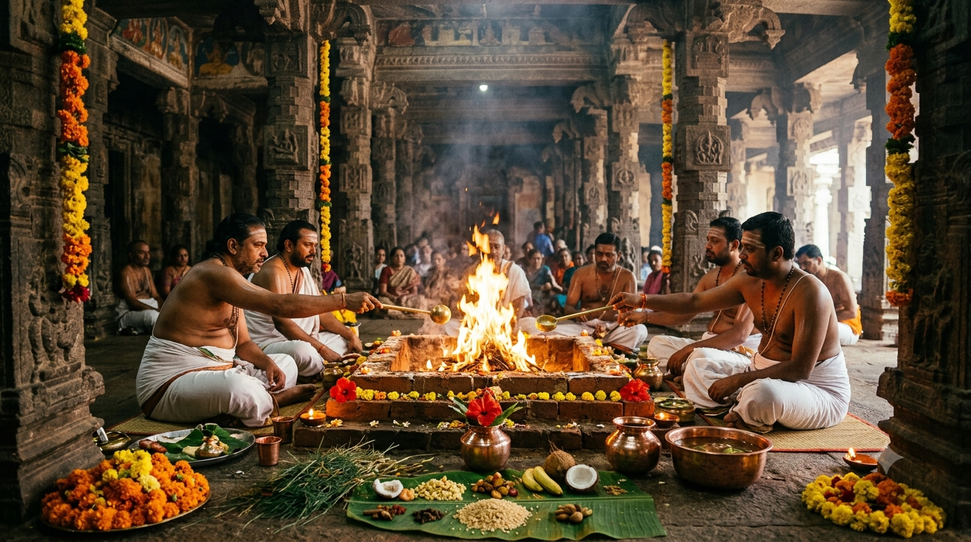 Chandi Homam procedure — priests offering into the sacred homa fire at a Durga temple