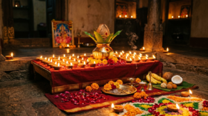 Dhana Lakshmi Pooja home altar with lit diyas, brass kalasha and marigold flowers on Deepavali