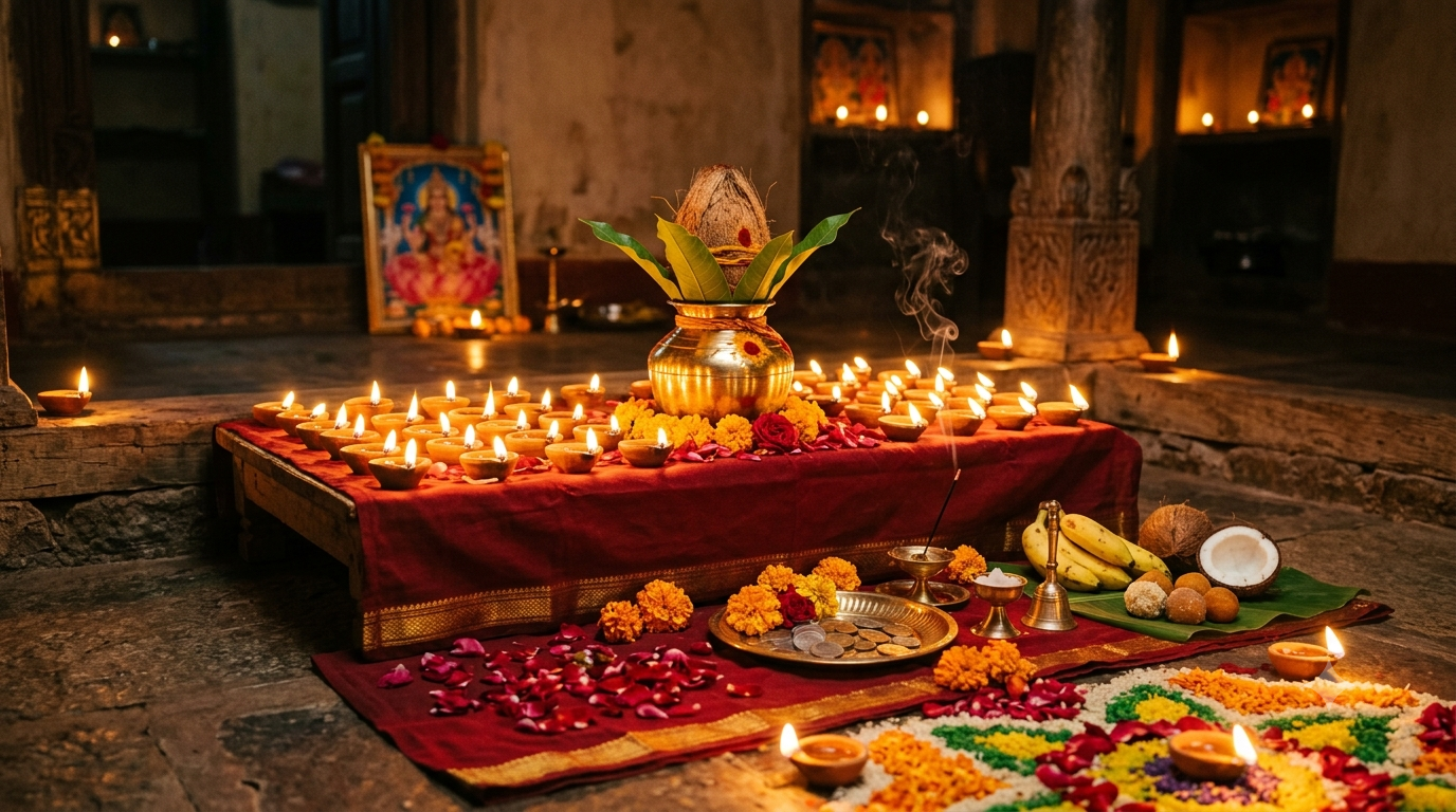 Dhana Lakshmi Pooja home altar with lit diyas, brass kalasha and marigold flowers on Deepavali