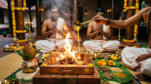 Dhanvantari Homam procedure with priests offering ghee and herbs into a sacred fire