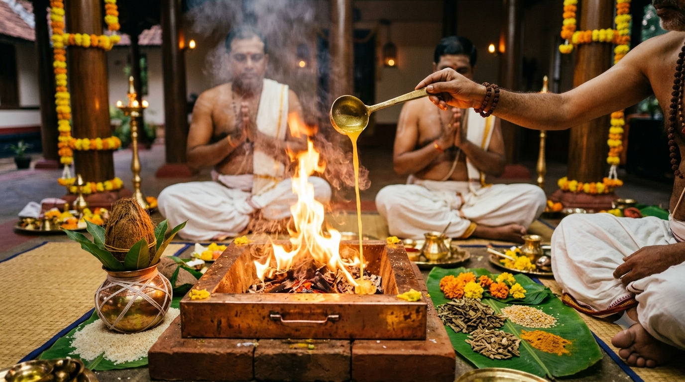 Dhanvantari Homam procedure with priests offering ghee and herbs into a sacred fire