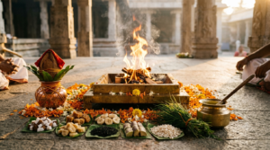 Ganapathi Homam procedure with sacred fire, ghee offerings, coconut and marigold flowers at dawn