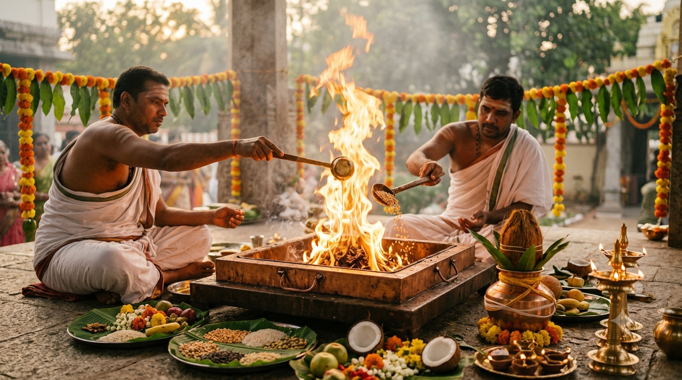 Lakshmi Narasimha Homam fire ritual with priests offering ghee into the homa kunda