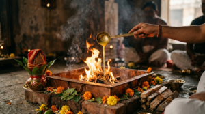 Priest offering ghee into the sacred fire during a Maha Mrityunjaya Homam ceremony