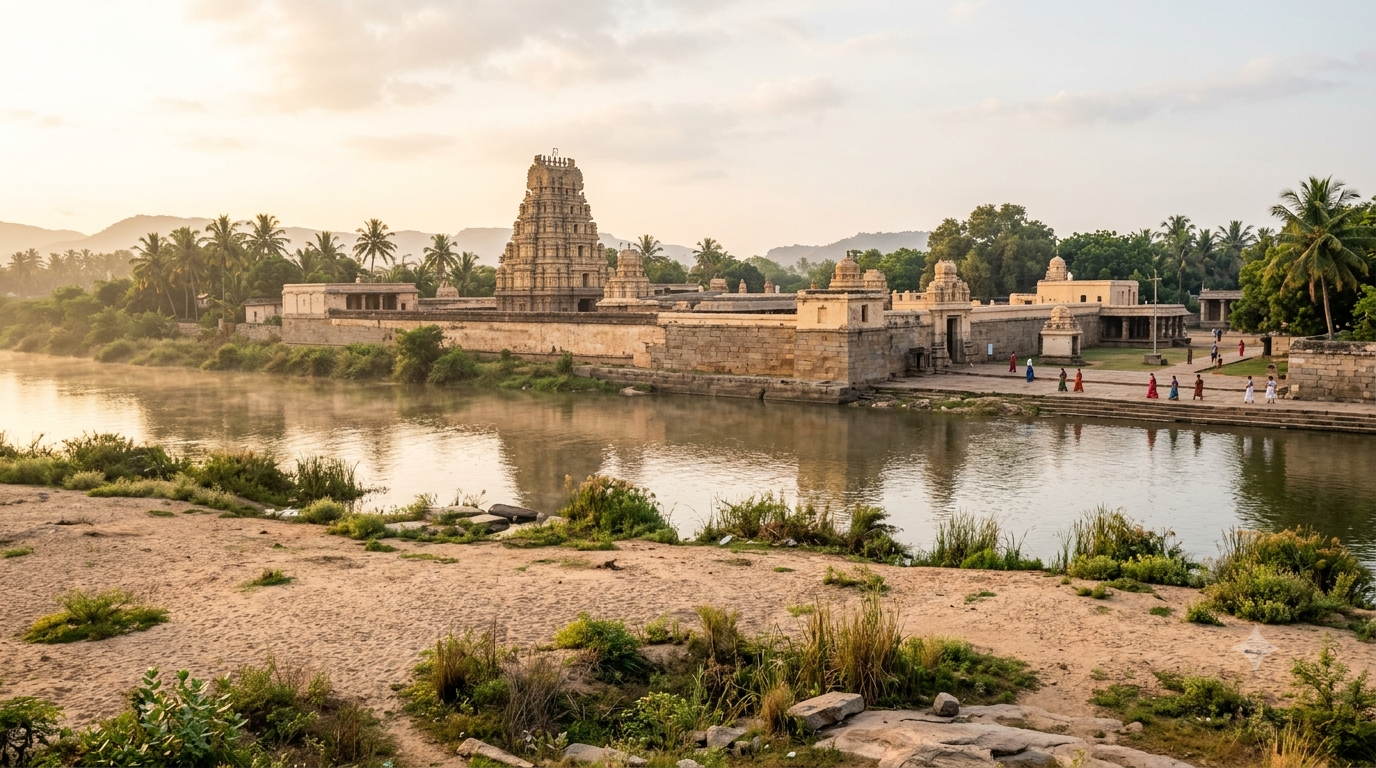 Mantralaya Matha history – Sri Raghavendra Swamy Matha complex beside the Tungabhadra river at dawn