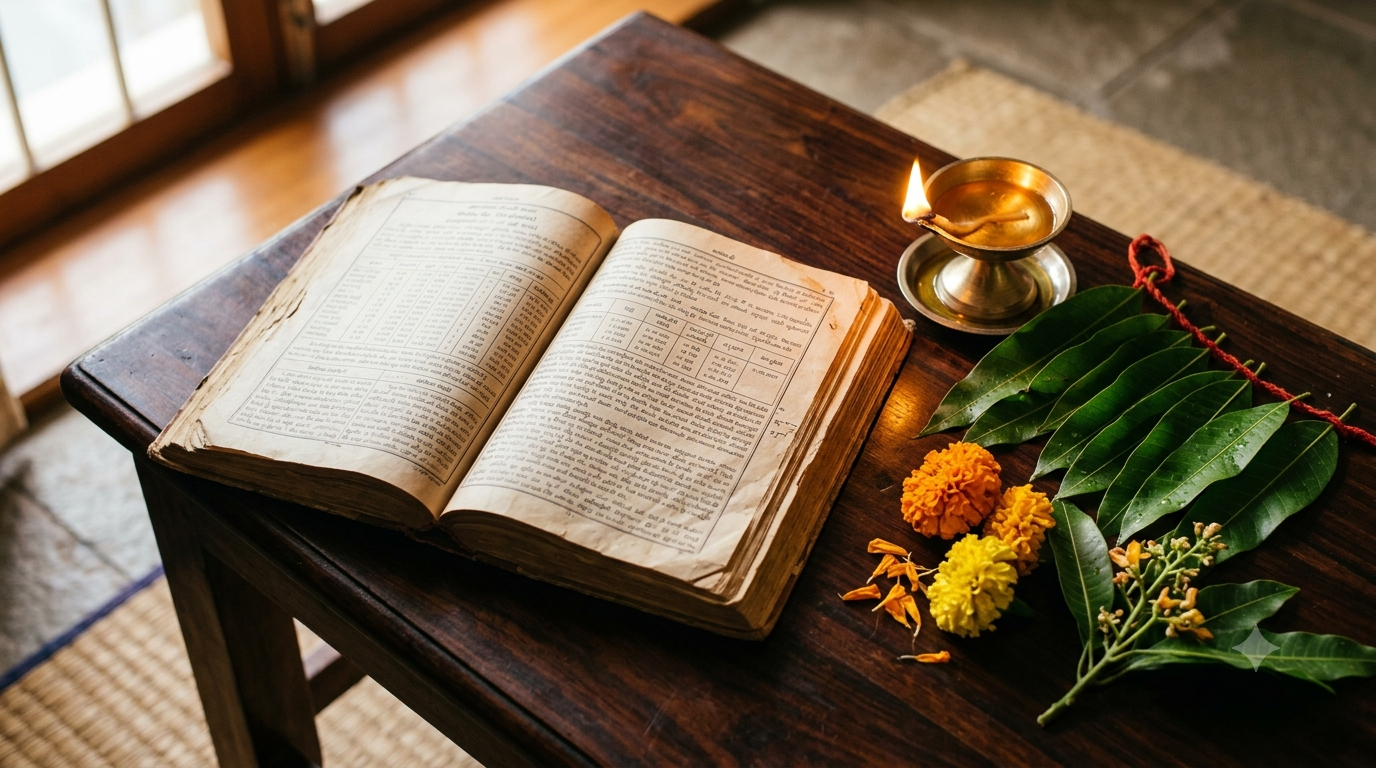 Plavanama Samvatsara Sringeri Panchangam almanac open beside a brass lamp and mango leaves