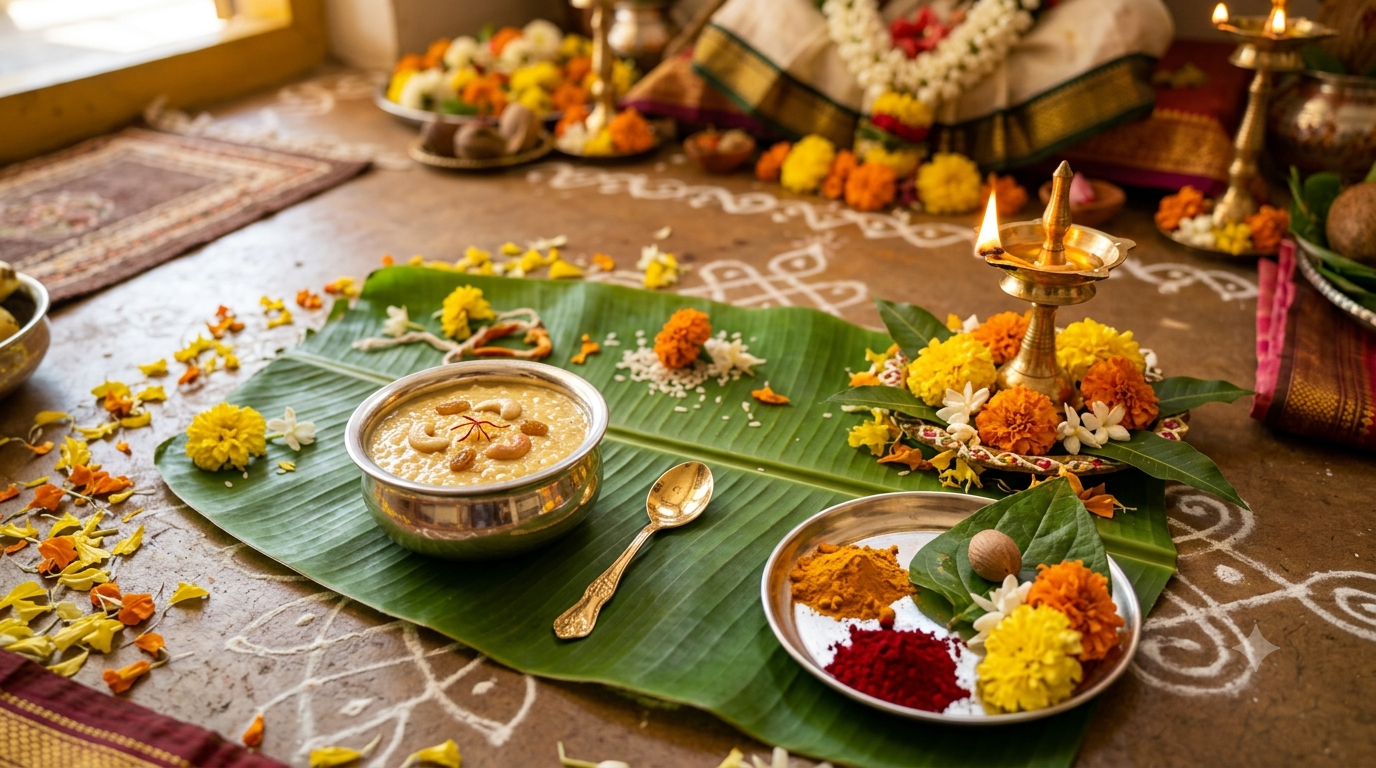 Significance of Annaprasanam: payasam bowl, gold spoon, brass lamp and flowers on a banana leaf