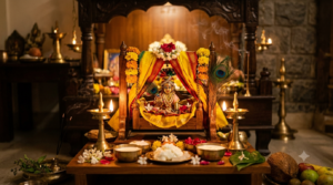 Sri Krishnastami procedure home altar with Bala Krishna idol in a decorated cradle and brass lamps