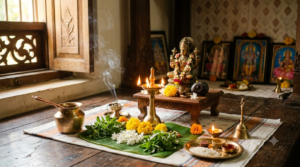 Vishnu Shodashopachara Pooja Vidhanam home altar with brass Vishnu idol, oil lamp, tulsi and flowers