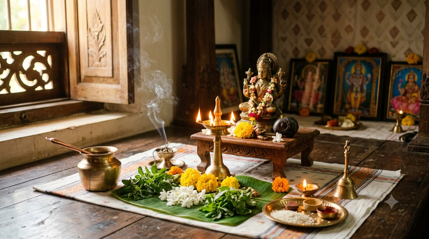 Vishnu Shodashopachara Pooja Vidhanam home altar with brass Vishnu idol, oil lamp, tulsi and flowers