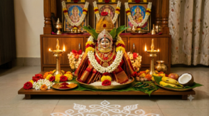 Varalakshmi Vratam pooja vidhanam kalasham decorated with coconut, mango leaves, flowers and lamp at home