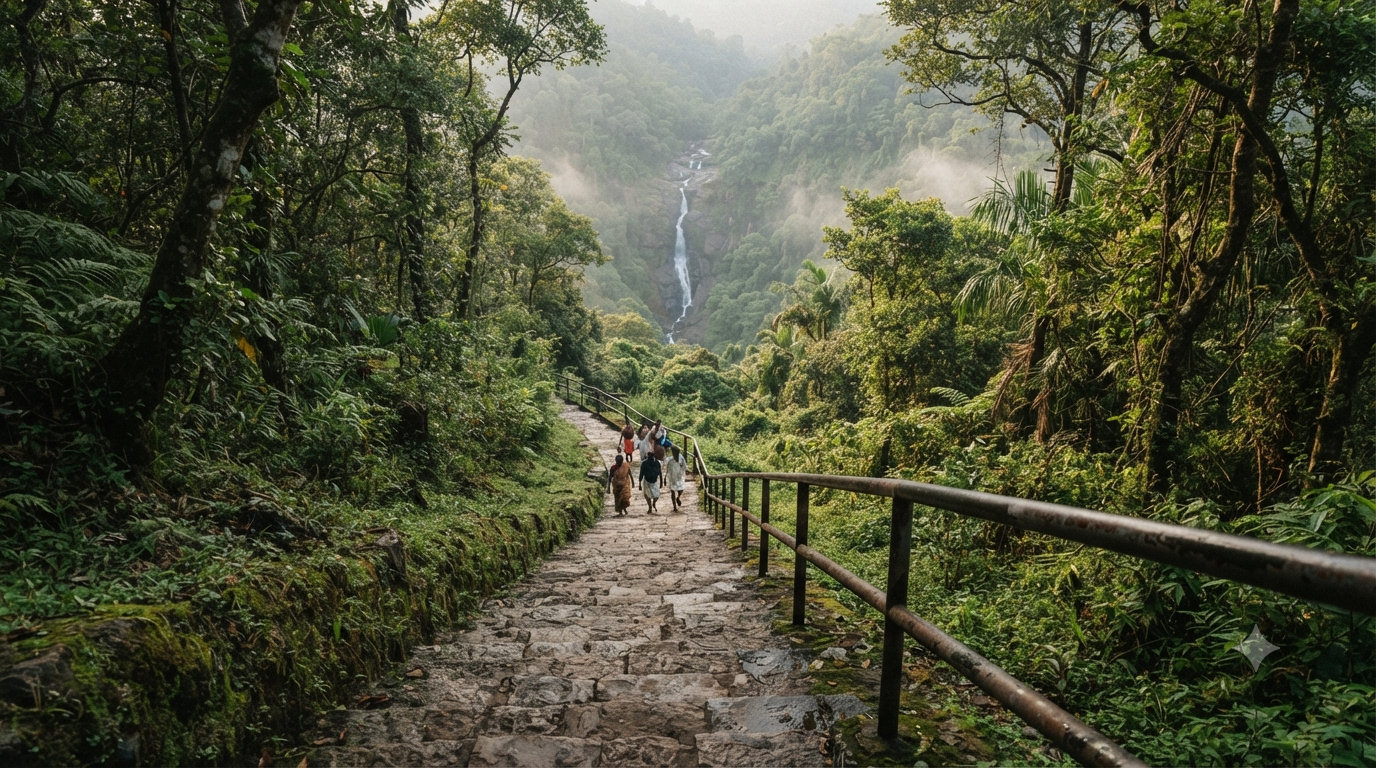 Akasha Ganga Tirumala timings guide - stone steps descending to the forest waterfall