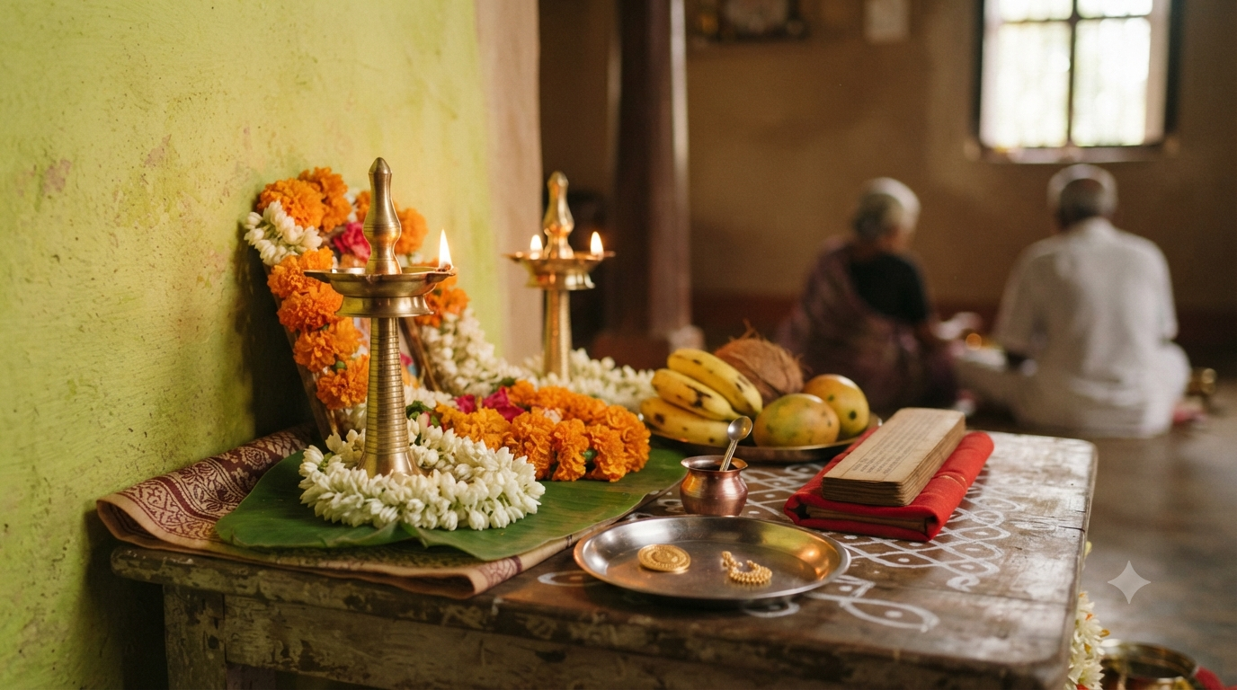 Akshaya Tritiya story with lamps, flowers and symbols of Vishnu-Lakshmi worship