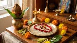 Anantha Padmanabha Swamy Vratham altar with fourteen-knot red thread, brass kalasha and lit ghee lamp