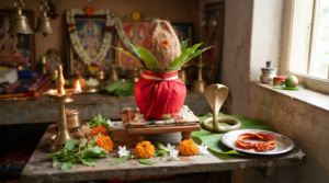 Anantha Padmanabha Vratham Telugu pooja setup with brass kalasam, darbha Sesha and 14-knot anantha sutram