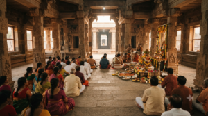 Annavaram Satyanarayana Vratham devotees seated in a traditional temple worship hall