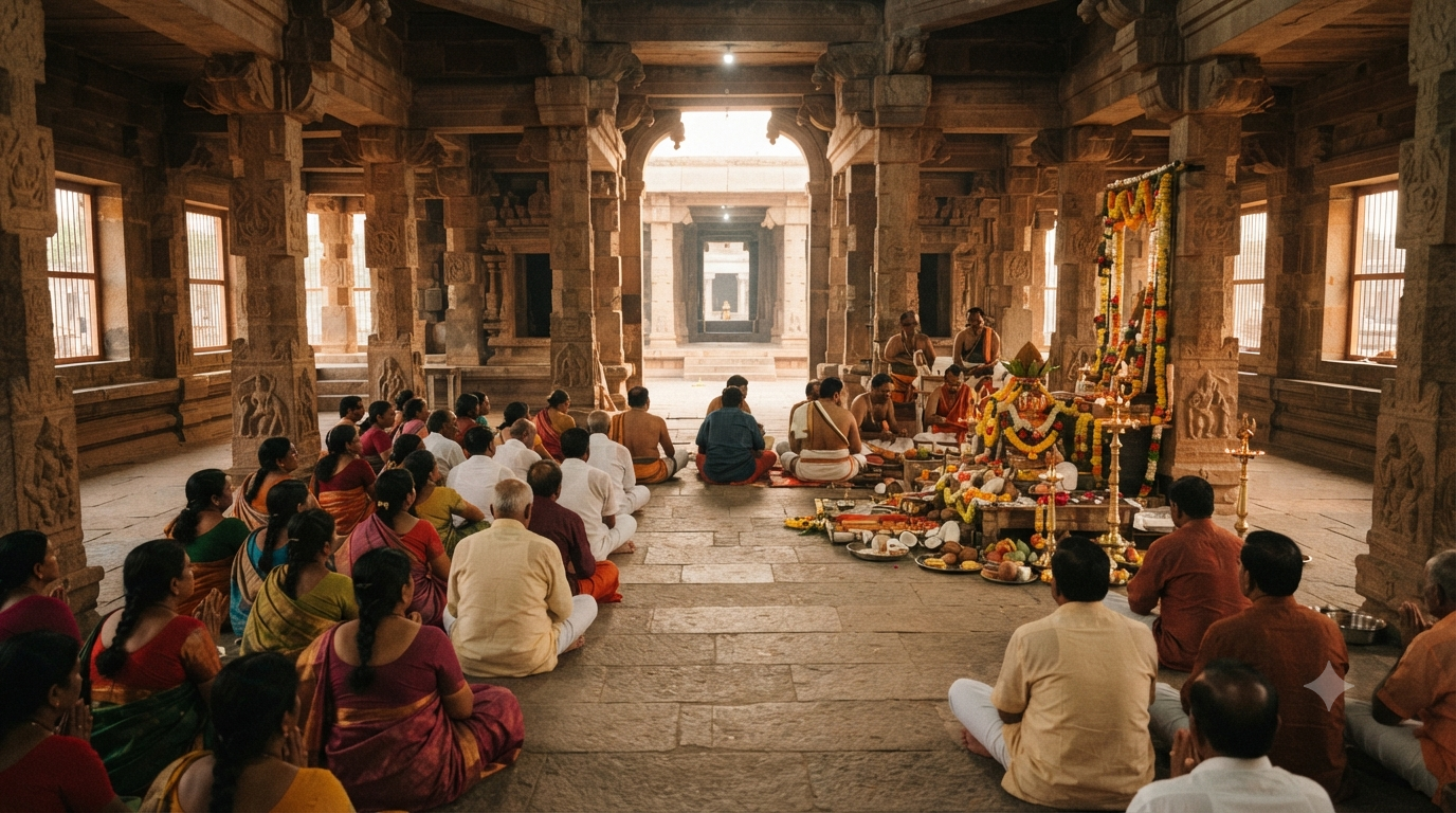Annavaram Satyanarayana Vratham devotees seated in a traditional temple worship hall