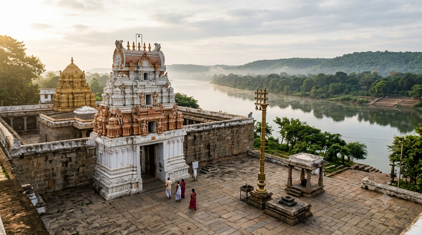 Bhadrachalam temple history — Sri Sita Ramachandra Swamy temple gopuram on the Godavari riverbank at dawn