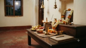 Chitra Pournami Pooja with lamp, flowers, fruit and notebook for Chitragupta worship
