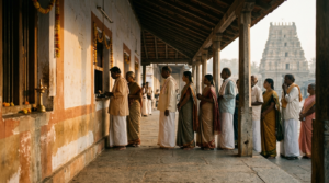 Dwaraka Tirumala Kalyanam booking counter with devotees queuing outside the Kalyana Mandapam at dawn