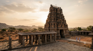 Granite gopuram of one of the famous Rama temples in South India at sunrise, with a pillared stone mandapam