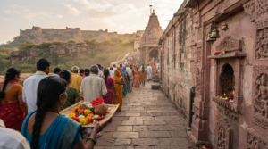 Devotees in a morning darshan queue at Ganapati temples in North India with marigold offerings