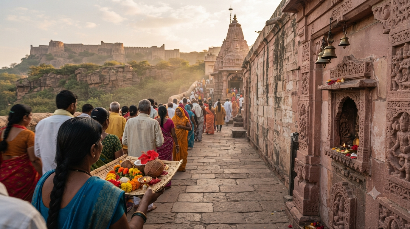 Devotees in a morning darshan queue at Ganapati temples in North India with marigold offerings