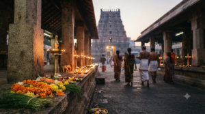 Ganapati temples in South India pilgrimage route with lamps and distant Dravidian shrine