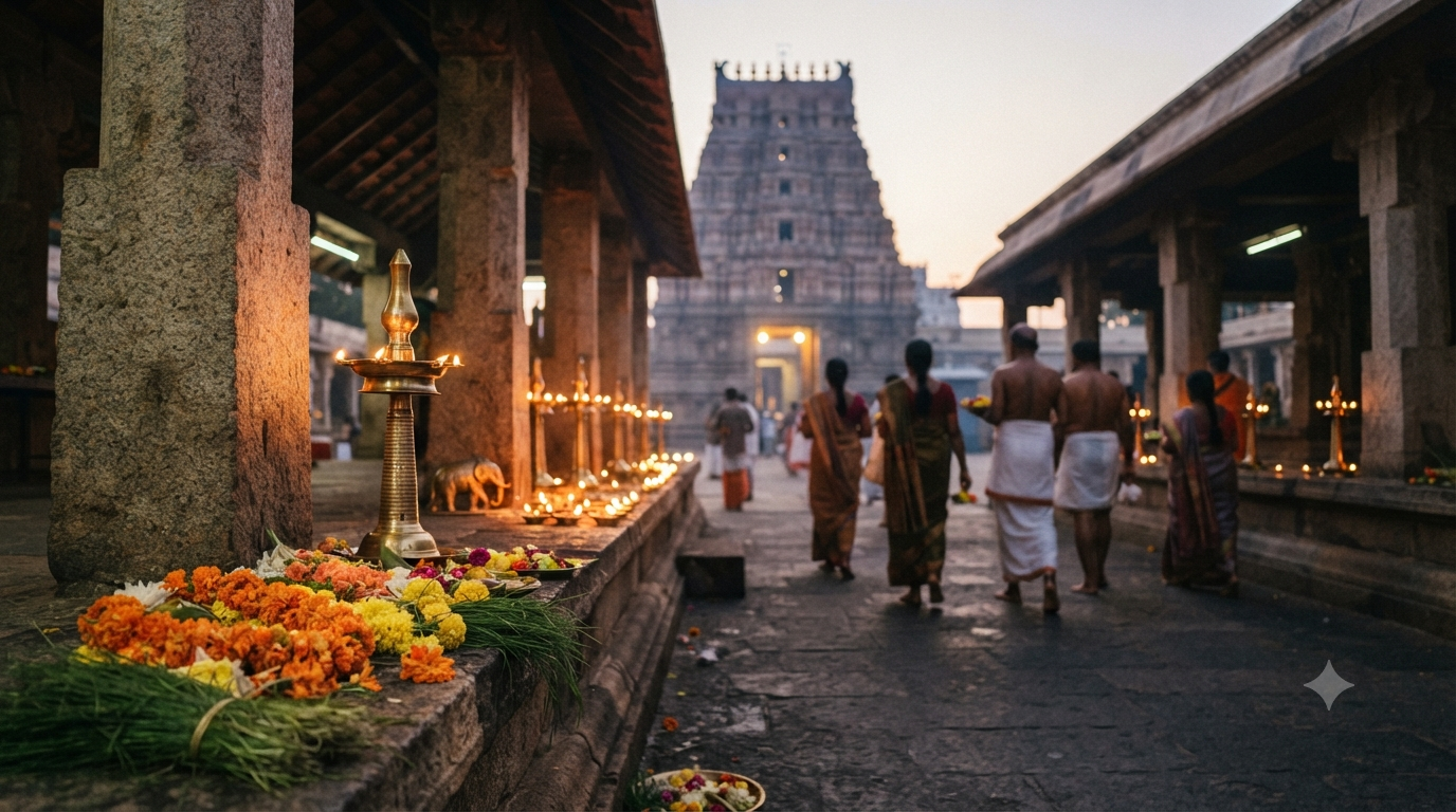 Ganapati temples in South India pilgrimage route with lamps and distant Dravidian shrine