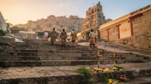 Ganesha temples in Tamil Nadu pilgrimage scene with stone steps, lamps and a distant Dravidian shrine