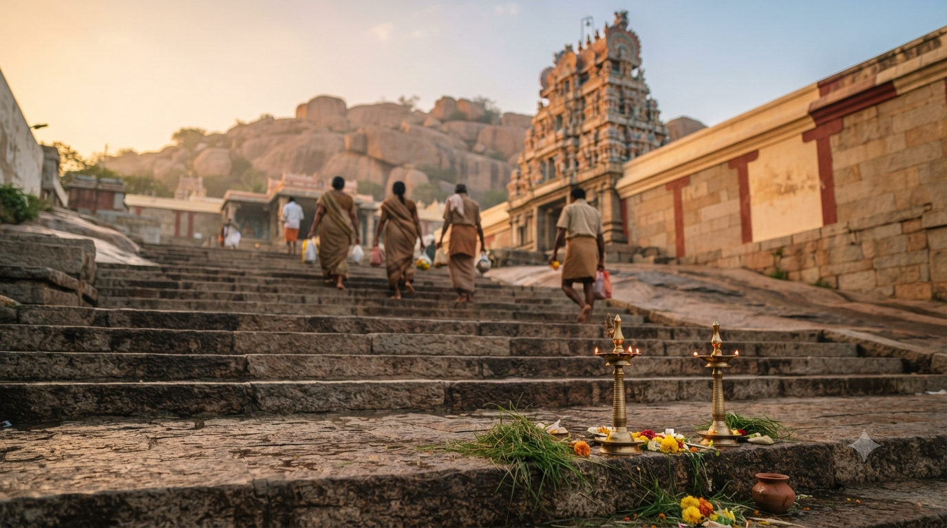Ganesha temples in Tamil Nadu pilgrimage scene with stone steps, lamps and a distant Dravidian shrine