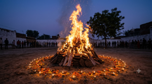 Holi festival significance shown through a Holika Dahan bonfire burning at dusk with devotees gathered around