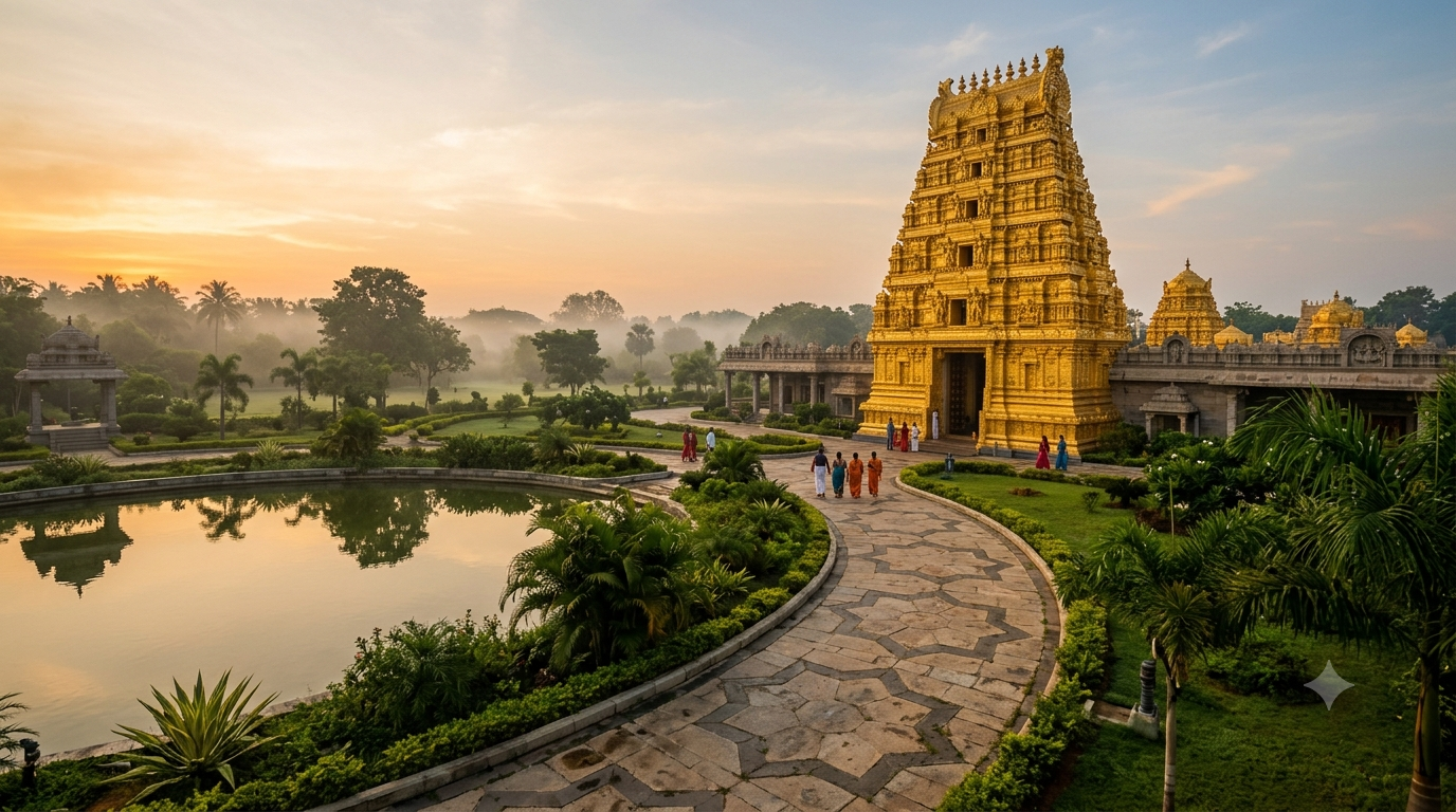 Golden Temple Vellore timings guide — gold shrine and star path in morning light