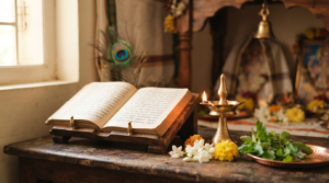 Govindashtakam in Telugu devotional reading setup with prayer book, brass lamp and tulsi leaves