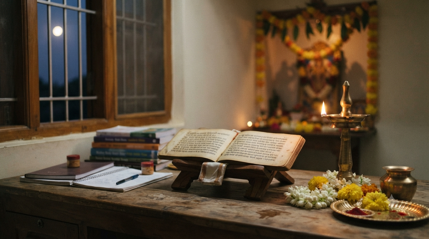 Hayagriva Jayanti date devotional study altar with books, flowers and lamp