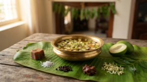 Importance of Ugadi Pachadi shown in a bowl with neem flowers, jaggery, raw mango and tamarind on a banana leaf