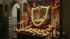 Janmashtami puja vidhi home altar with cradle, lamps, flowers and abhishekam items