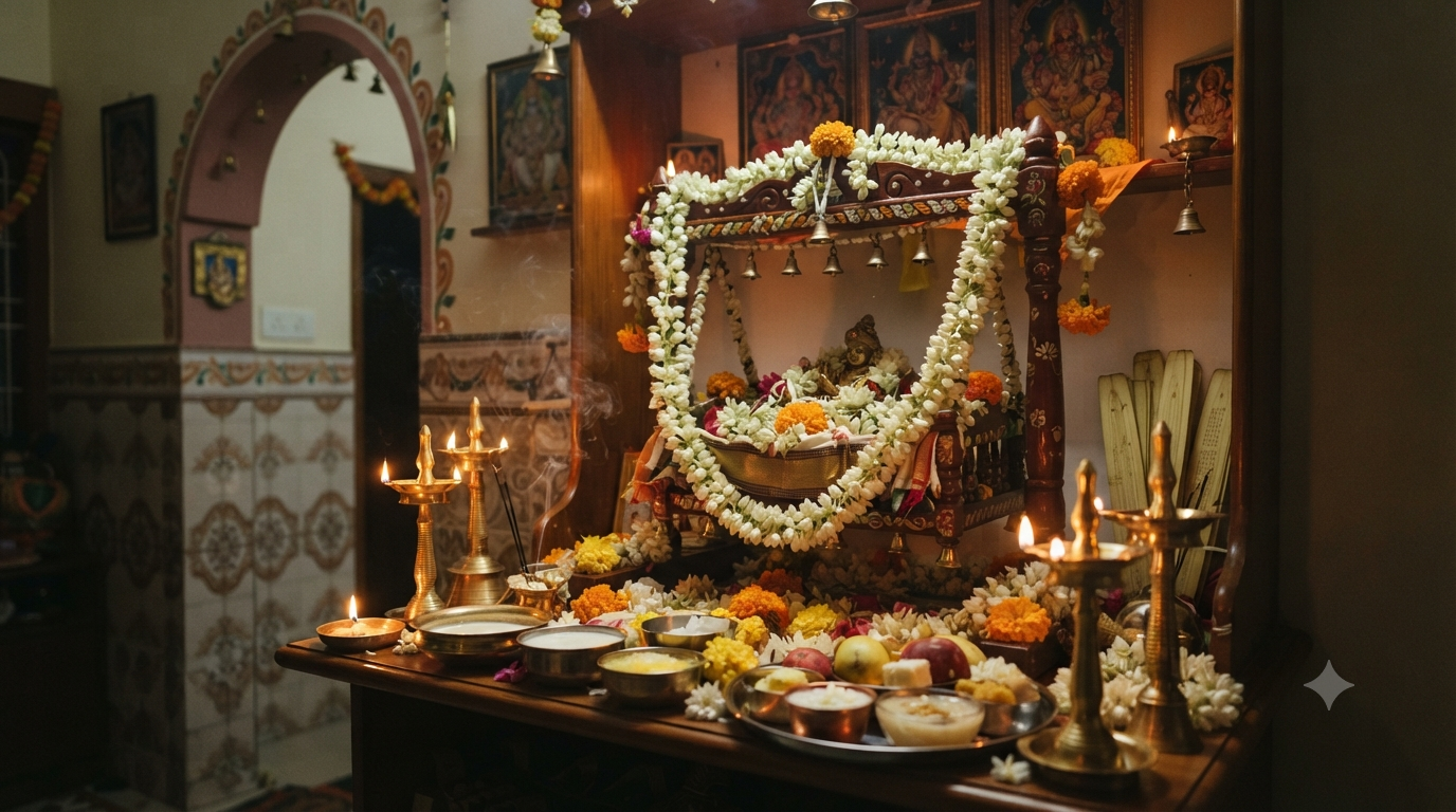 Janmashtami puja vidhi home altar with cradle, lamps, flowers and abhishekam items