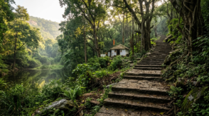 Forest step trail to Japali Theertham Hanuman shrine near Tirumala in morning light