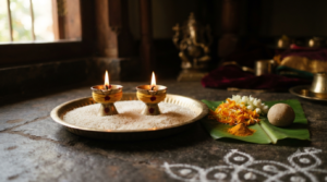 Jyothirbheemeshwara Vratam Pooja Vidhanam setup with two decorated ghee lamps, rice plate and bhandara