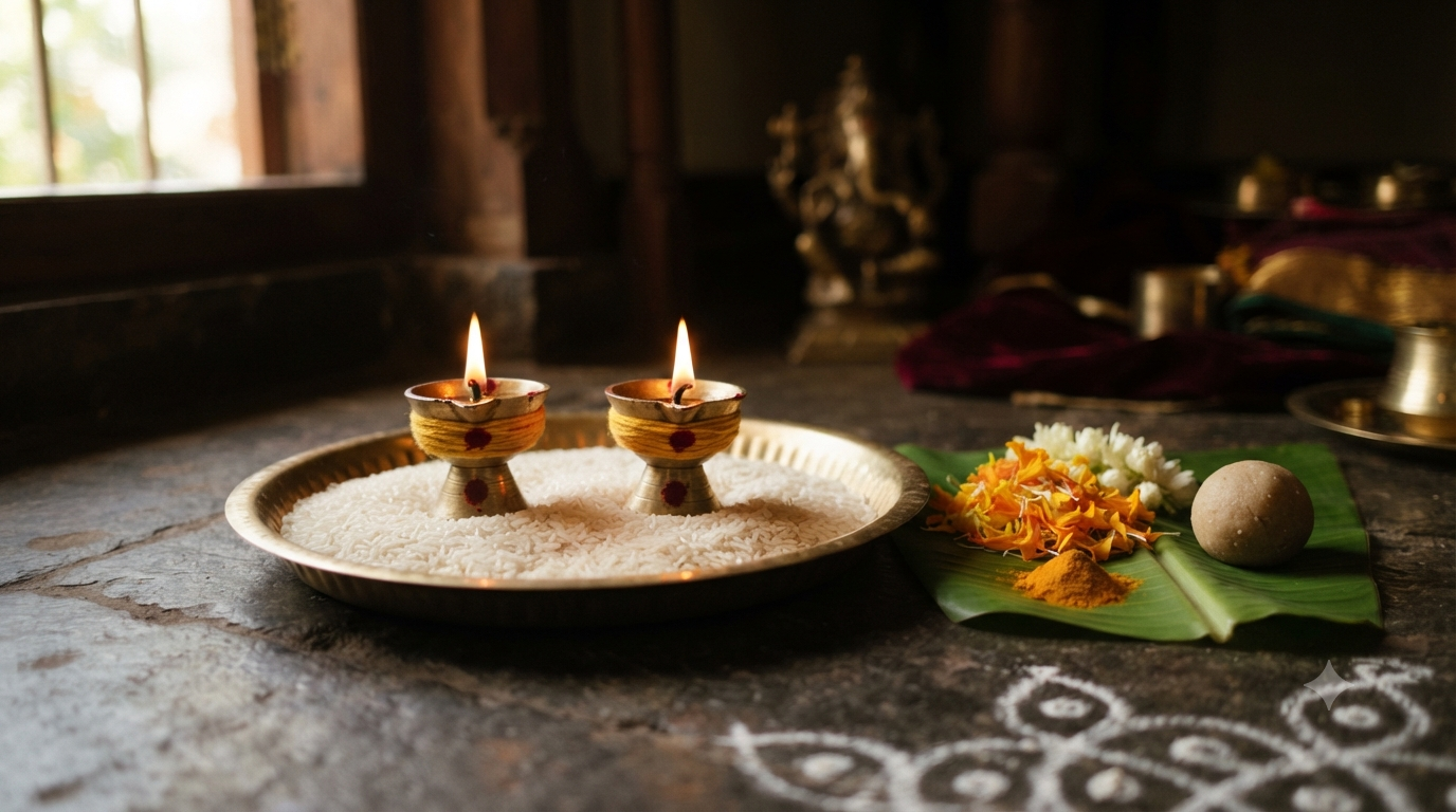 Jyothirbheemeshwara Vratam Pooja Vidhanam setup with two decorated ghee lamps, rice plate and bhandara