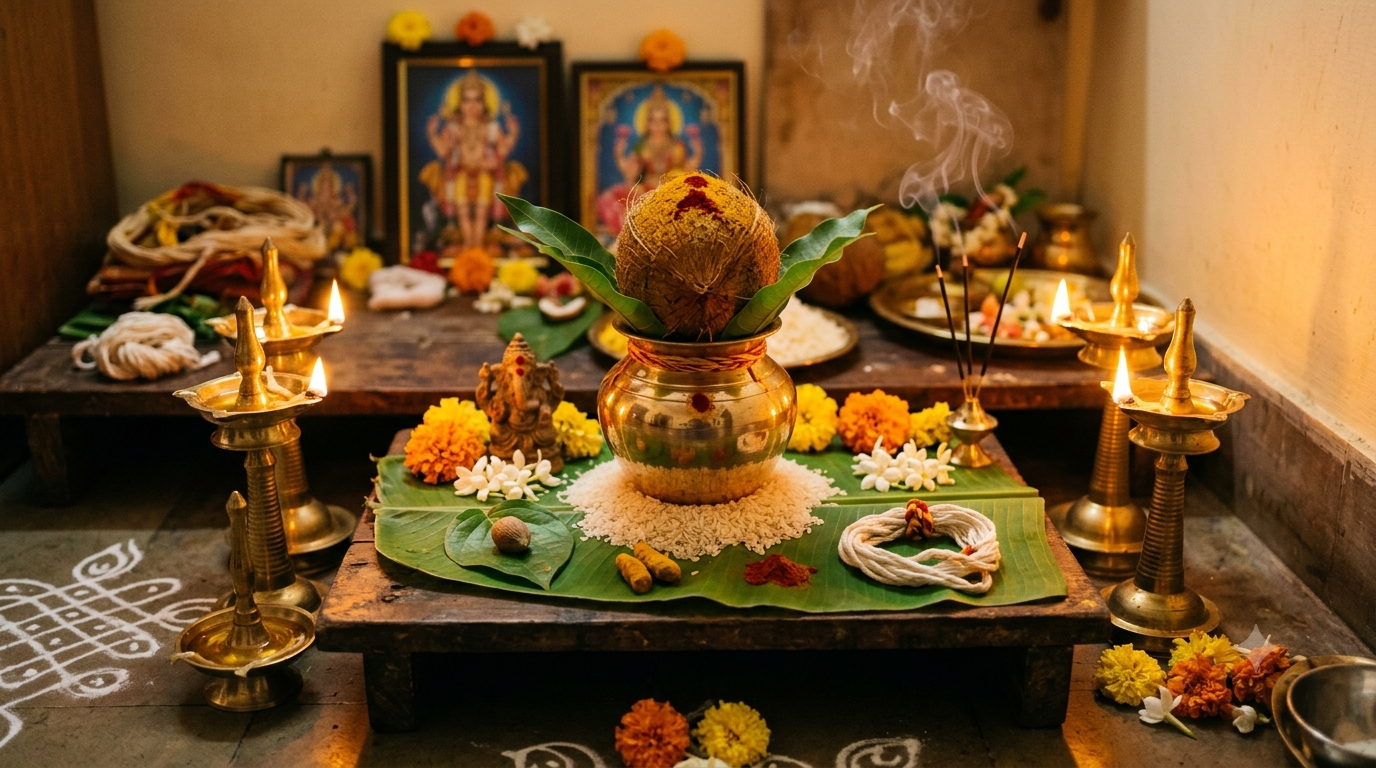 Kedara Gowri Vratam home altar with brass kalasham, oil lamps and marigold flowers
