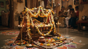 Krishna Janmashtami significance shown through cradle, lamps, flowers and traditional festival offerings