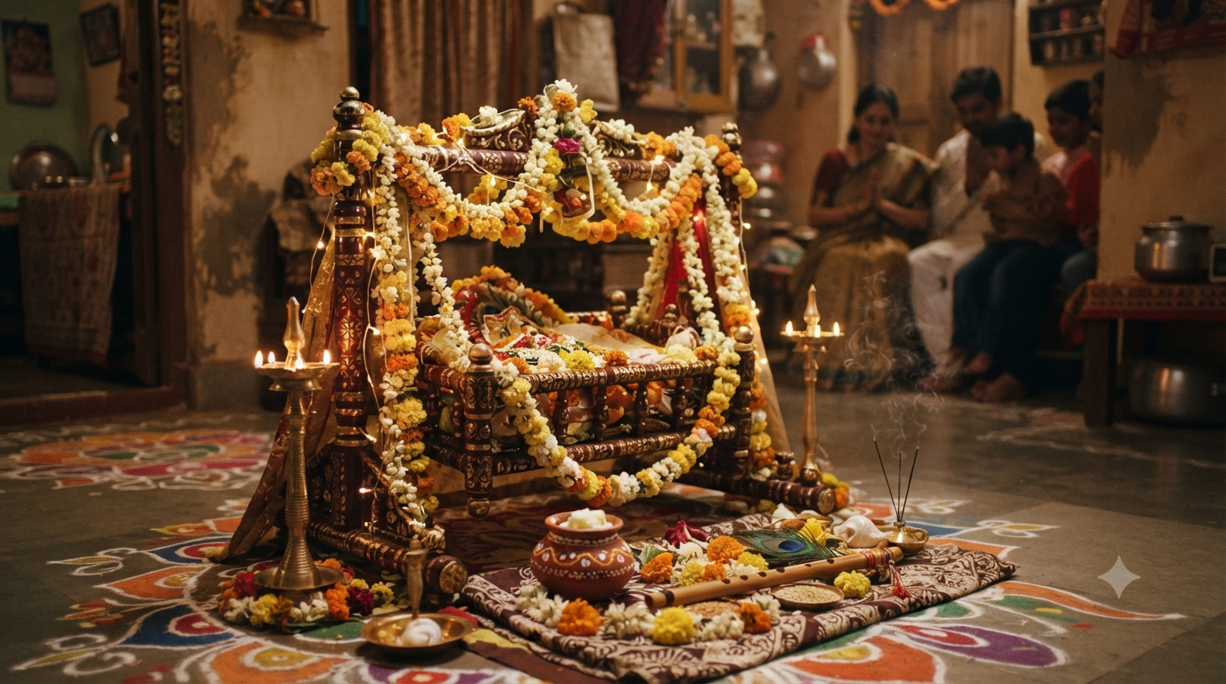 Krishna Janmashtami significance shown through cradle, lamps, flowers and traditional festival offerings