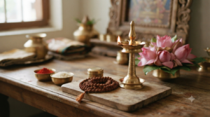 Lakshmi Ashtottaram Telugu home puja with lamp, lotus flowers and 108-name archana offerings