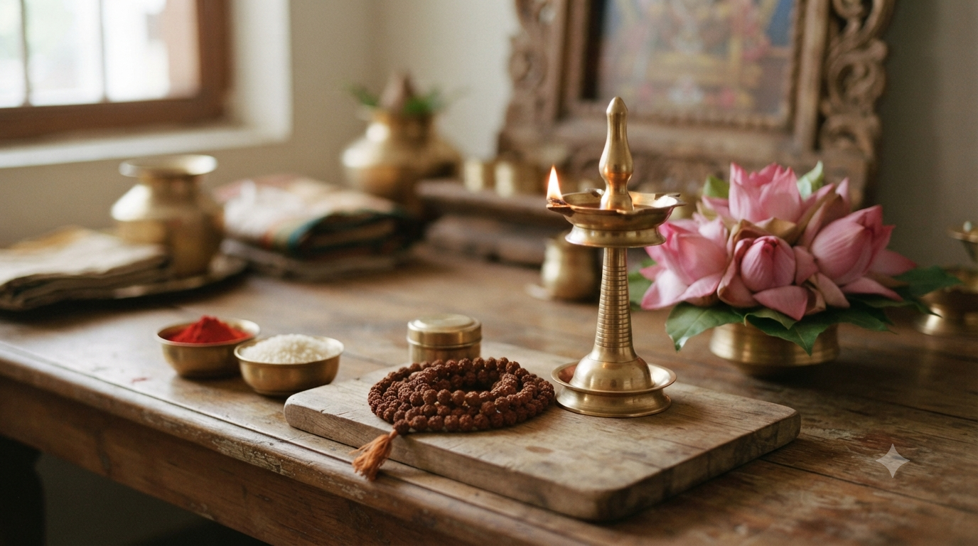 Lakshmi Ashtottaram Telugu home puja with lamp, lotus flowers and 108-name archana offerings