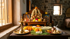 Lakshmi Ganapati Pooja home altar with brass oil lamp, marigold flowers and a Ganesha idol