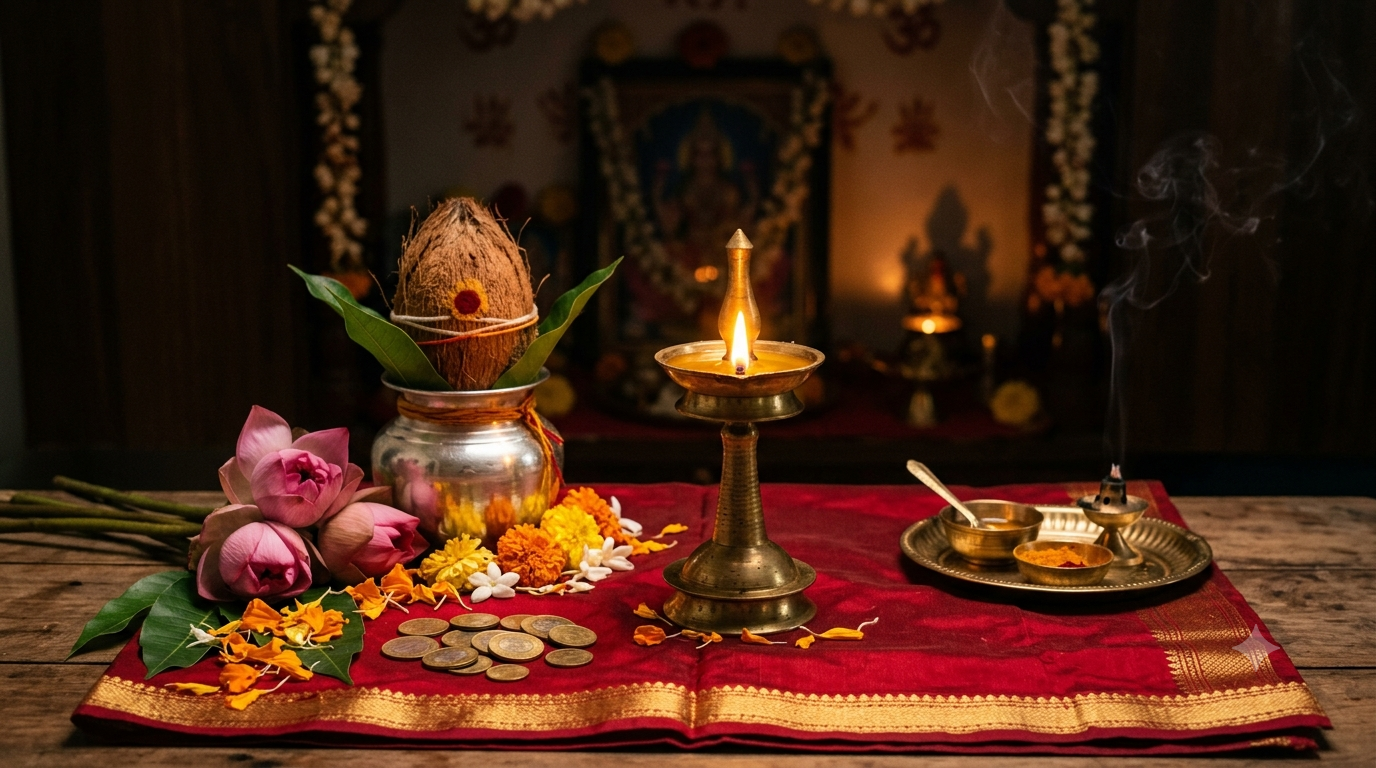 Oil lamp glowing before a Lakshmi altar for Lakshmi Hrudayam Stotram chanting on Friday